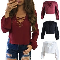 Sexy Solid Color Front Criss Cross V-neck Long Sleeve Crop Tops