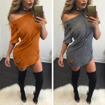 Sexy Solid Color Oblique Shoulder Short Sleeve Hollow Out Dress