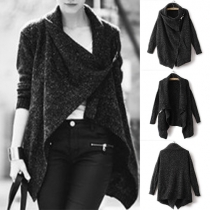 Fashion Solid Color Lapel Long Sleeve Hasp Irregular Hemline Sweater Cardigan