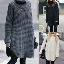 Stylish Solid Color Turtleneck Long Sleeve Side Slit Loose-fitting Sweater