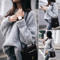 Fashion Solid Color Round Neck Long Sleeve Fuzzy Knit Sweater