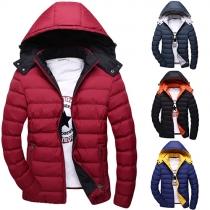 Fashion Contrast Color Long Sleeve Hooded Front Zipper Men's Padded Coat