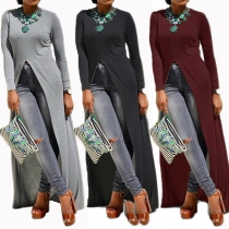 Fashion Solid Color Round Neck Long Sleeve High-slit Maxi Dress