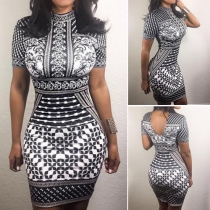 Sexy Totem Printed Round Neck Short Sleeve Backless Bodycon Dress