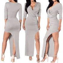 Sexy Solid Color V-neck Half Sleeve Irregular Hemline Maxi Dress