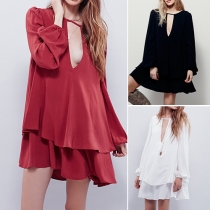 Sexy Solid Color Deep V-neck Long Sleeve Double-layer Dress