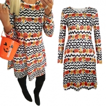 Cute Style Round Neck Long Sleeve Pumpkin Wave Printed Dress