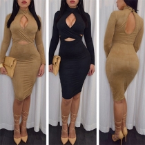 Sexy Solid Color Front Crossover Hollow Out Mock Neck Long Sleeve Bodycon Dress