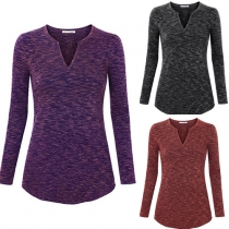 Casual Solid Color Long Sleeve V-neck Arcuate Hem T-shirt