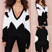 Sexy Contrast Color Deep V-neck Long Sleeve Knit Sweater