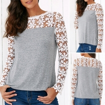 Fashion Long Sleeve Hollow Out Lace Spliced Tops