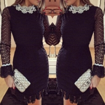 Elegant Round Neck Long Sleeve Hook Flower Hollow Out Lace Dress