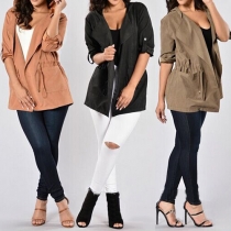 Fashion Solid Color Long Sleeve Drawstring Waist Hoodie Trench Coat