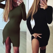 Sexy Solid Color Round Neck Long Sleeve Cut-out Hemline Slim Fit Dress