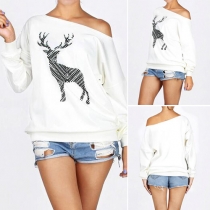 Fashion Elk Printed Oblique Shoulder Long Sleeve Women's Sweatshirt