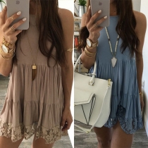 Sexy Solid Color Lace Spliced Hollow Out Crinkle Sling Dress