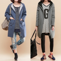 Fashion Solid Color Front Zipper Long Sleeve Hooded Loose-fitting Trench Coat