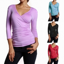 Sexy Solid Color V-neck 3/4 Sleeve Crinkle Slim Fit T-shirt