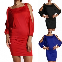Sexy Solid Color Boat Neck Cold Shoulder Lace-up Slim Fit Dress