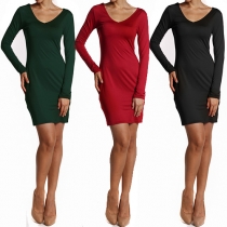 Elegant Solid Color Low-cut Long Sleeve Slim Fit Dress
