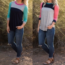 Casual Style Contrast Color Round Neck 3/4 Sleeve T-shirt