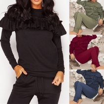 Casual Style Solid Color Long Sleeve Ruffle Tops and Pants Two-piece Set
