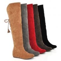 Elegant Solid Color Back Lace-up Round Toe Inner-increased The Knee Boot