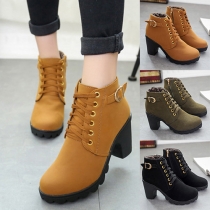 Fashion Side Zipper Lace-up High-heeled Hasp Round Toe Boots