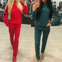 Casual Style Solid Color Badge Round Neck Long Sleeve Sports Suit