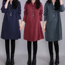 Fashion Solid Color V-neck Long Sleeve Loose-fitting Dress