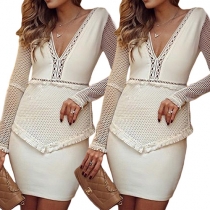 Sexy Solid Color V-neck Long Sleeve Backless Hollow Out Dress