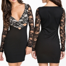 Sexy Lace Spliced Deep V-neck long Sleeve Hollow Out Slim Fit Dress