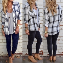 Fashion Lapel Button-tab Sleeve Single-breasted Lattice Blouse