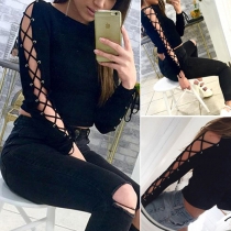 Trendy Solid Color Lace-up Hollow Out Round Neck Long Sleeve Crop T-shirt