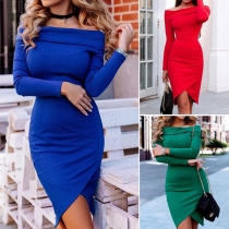 Elegant Solid Color Off Shoulder Long Sleeve Irregular Hemline Bodycon Dress