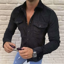 Fashion Solid Color Lapel Single-breasted Long Sleeve Men's Shirt