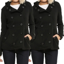 Stylish Solid Color Double-breasted Long Sleeve Lapel Woolen Coat