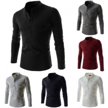 Casual Style Solid Color Stand Collar Long Sleeve Slim Fit Men's T-shirt
