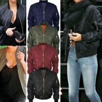 Fashion Solid Color Front Zipper Long Sleeve Stand Collar Women's Jacket