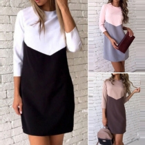 Fashion Contrast Color Round Neck 3/4 Sleeve Slim Fit Dress