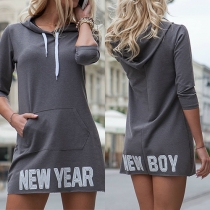 Casual Style Letters Printed Front Pocket 3/4 Sleeve Hooded Dress