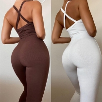 Sexy Solid Color Front Knotted Deep V-neck Sleeveless Slim Fit Jumpsuit