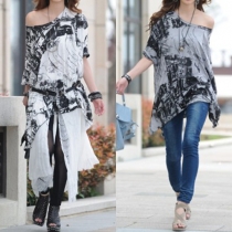 Fashion Printed Round Neck Bat Sleeve Irregular Hemline Relaxed T-shirt