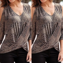 Sexy Leopard Printed V-neck Cold Shoulder 3/4 Sleeve Irregular Tops