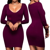 Sexy Solid Color Low-cut Long Sleeve Slim Fit Dress