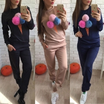 Sweet Puffer Ball Ice Cream Long Sleeve Tops and Pants Two-piece Set