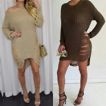 Stylish Solid Color Round Neck Long Sleeve Hollow Out High-low Hemline Sweater Dress