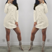 Fashion Solid Color Front Lace-up Long Sleeve Hooded Dress