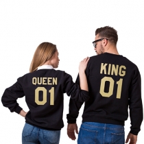 Casual Style Gold Letters Printed Round Neck Long Sleeve Couple Sweatshirts