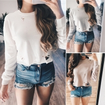 Fashion Solid Color Round Neck Long Sleeve Hollow Out Crop Tops